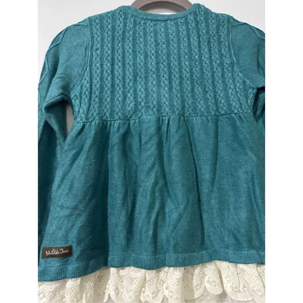 Matilda Jane NWT teal knit lace trim sweater floral patch pocket cute button fro